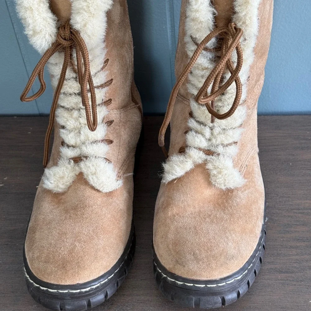 Natural Reflections Shearling-Lined Suede Leather Winter Boots Womens 6 Fur Trim